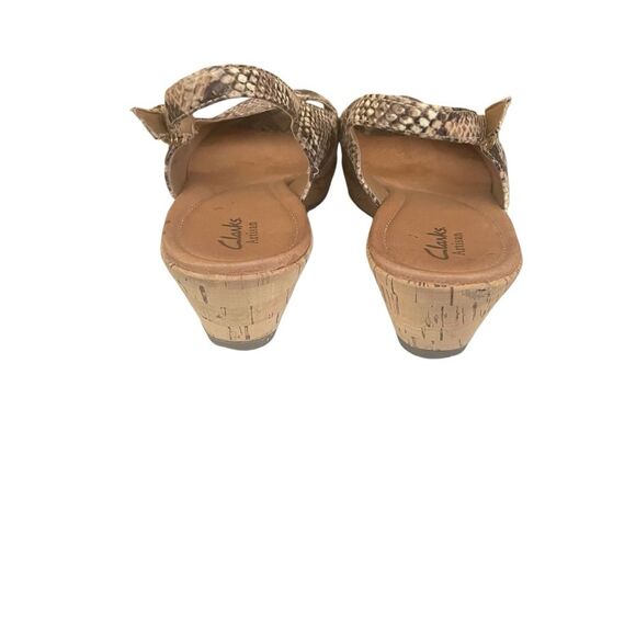 Clarks Artisan Peeptoe Slingback Cork Wedge Snakeskin Sandal Women's Size 9 - Picture 7 of 11